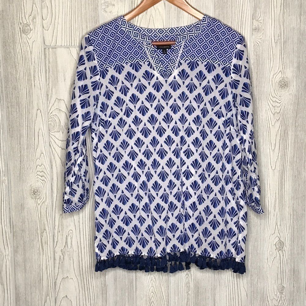 Talbots Blue & White Vneck Tassel Shirt